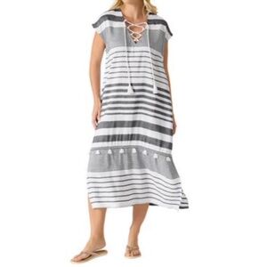 Tommy Bahama St. Lucia Stripe Linen Kaftan Blend Cover-Up Dress in Black LARGE